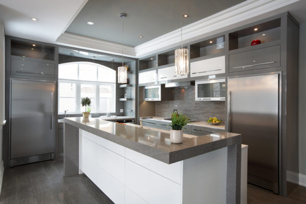 Interior of modern luxury kitchen in North American private residence.